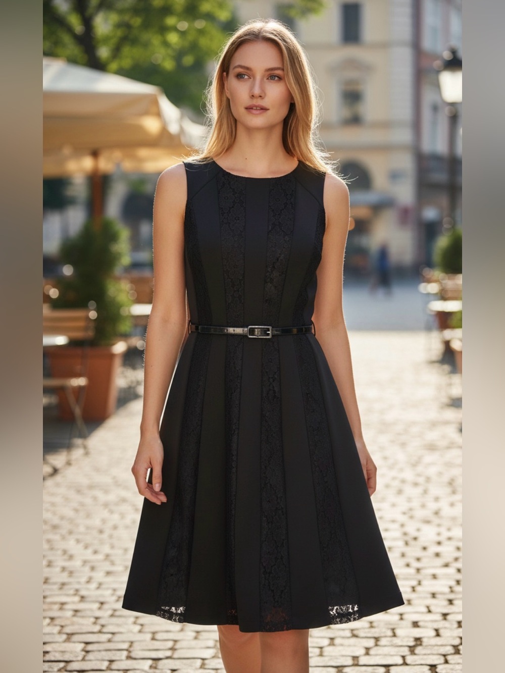SD Collection Women's 10 Black Lace Sleeveless Dress Belted Formal Party Wedding